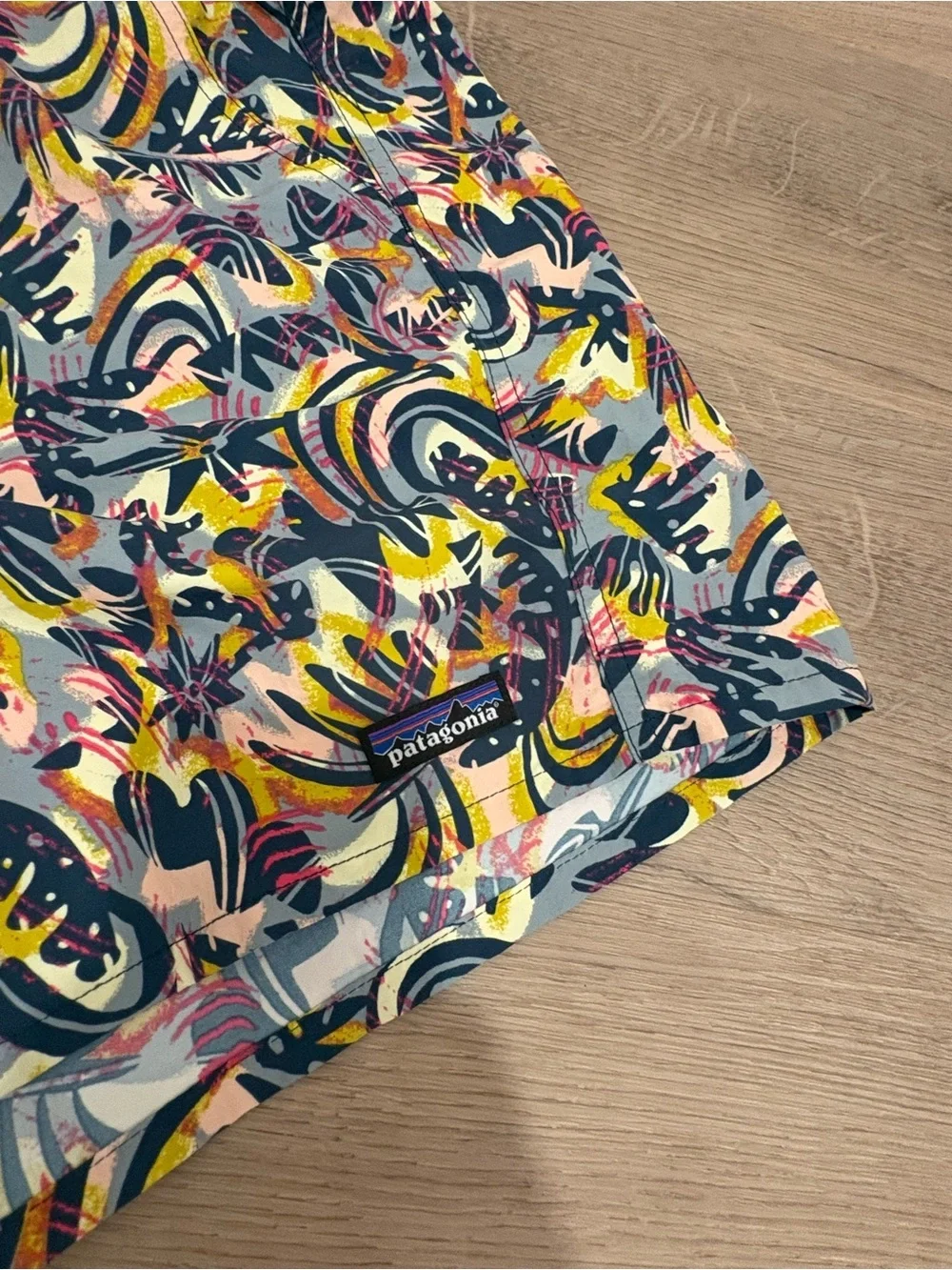 Patagonia Men’s Swim Trunks - Navy, Yellow & Pink Abstract Print